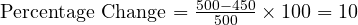  \text{Percentage Change} = \frac{500 - 450}{500} \times 100 = 10% 