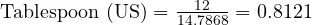  \text{Tablespoon (US)} = \frac{12}{14.7868} = 0.8121 