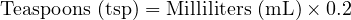  \text{Teaspoons (tsp)} = \text{Milliliters (mL)} \times 0.2 